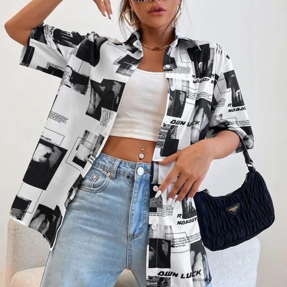 Letter Graphic Button Up Blouse - Picture 1 of 2